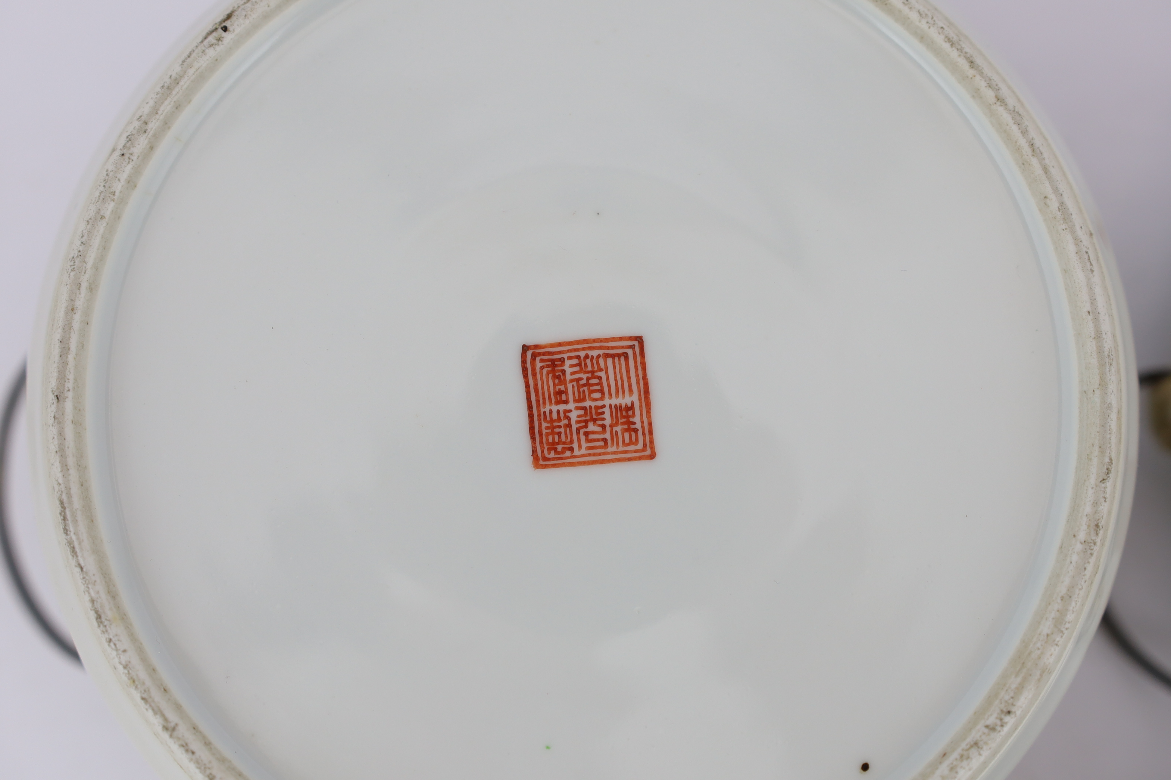 A pair of Chinese famille rose 'Wu Shuang Pu' porridge pots, liners and covers, Daoguang seal marks and of the period (1821-50), star crack to one base